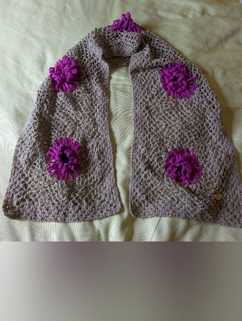 Taupe Crochet Scarf with Fuchsia Floral Accents